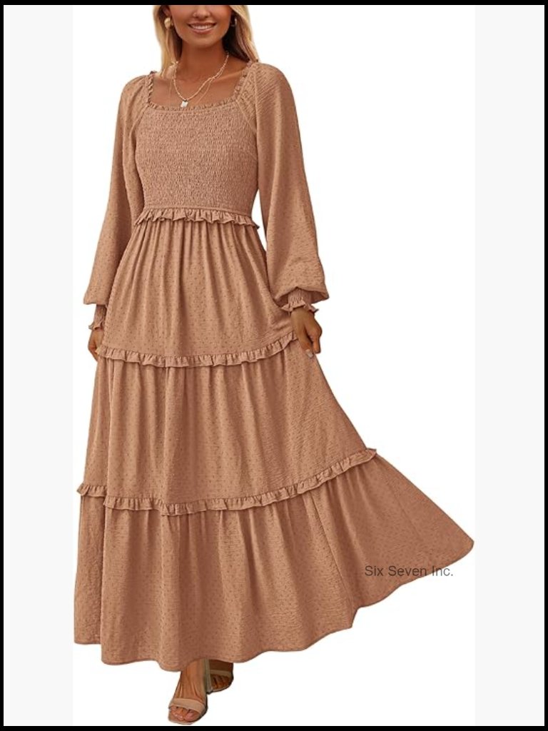 Long Sleeve Square Neck Swiss Dot Tiered Flowy Maxi Dress With Pockets